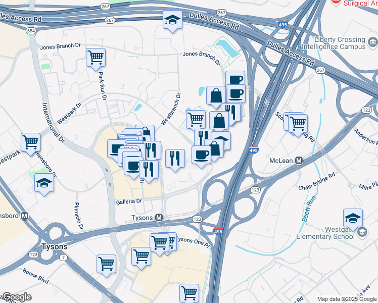 map of restaurants, bars, coffee shops, grocery stores, and more near 7887 Jones Branch Drive in McLean