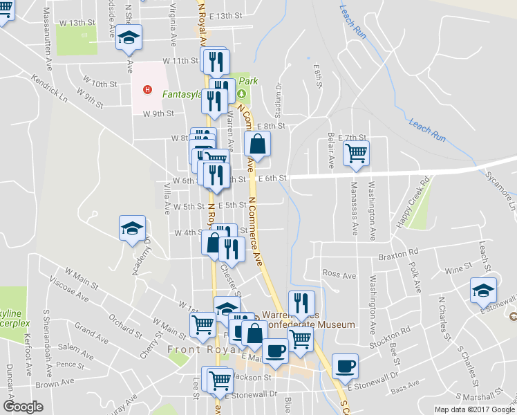 map of restaurants, bars, coffee shops, grocery stores, and more near 429 North Commerce Avenue in Front Royal