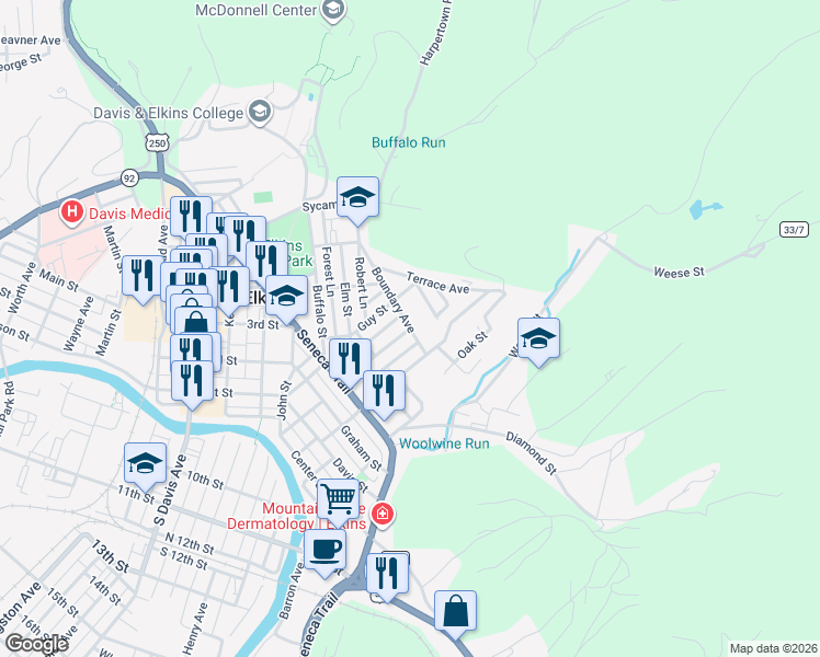 map of restaurants, bars, coffee shops, grocery stores, and more near Cherry Street in Elkins