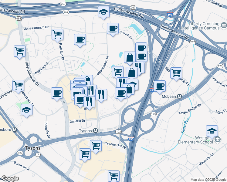 map of restaurants, bars, coffee shops, grocery stores, and more near 7887 Jones Branch Drive in McLean