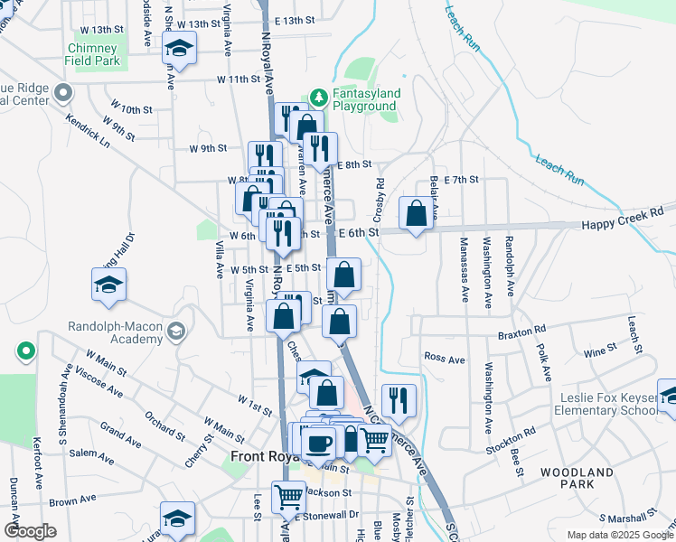 map of restaurants, bars, coffee shops, grocery stores, and more near 429 North Commerce Avenue in Front Royal