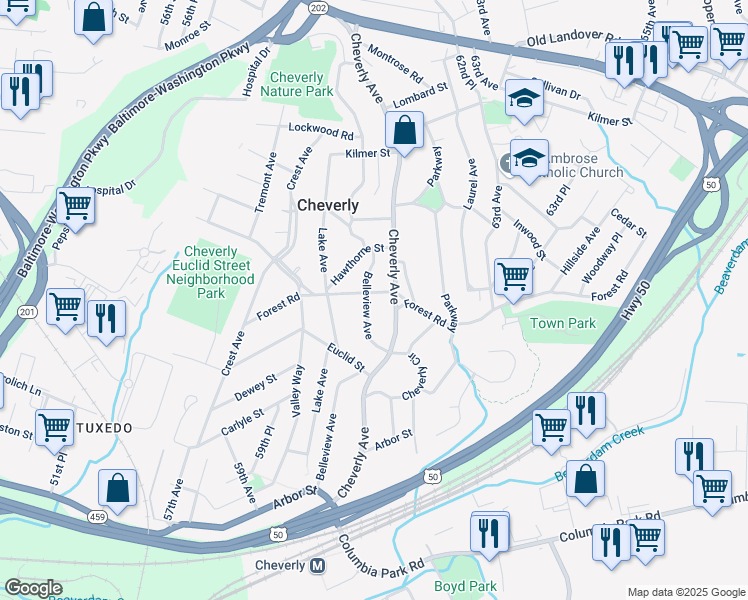 map of restaurants, bars, coffee shops, grocery stores, and more near 2719 Belleview Avenue in Cheverly