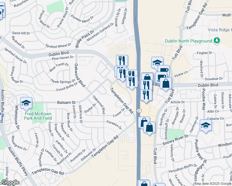map of restaurants, bars, coffee shops, grocery stores, and more near 5715 Many Springs Drive in Colorado Springs