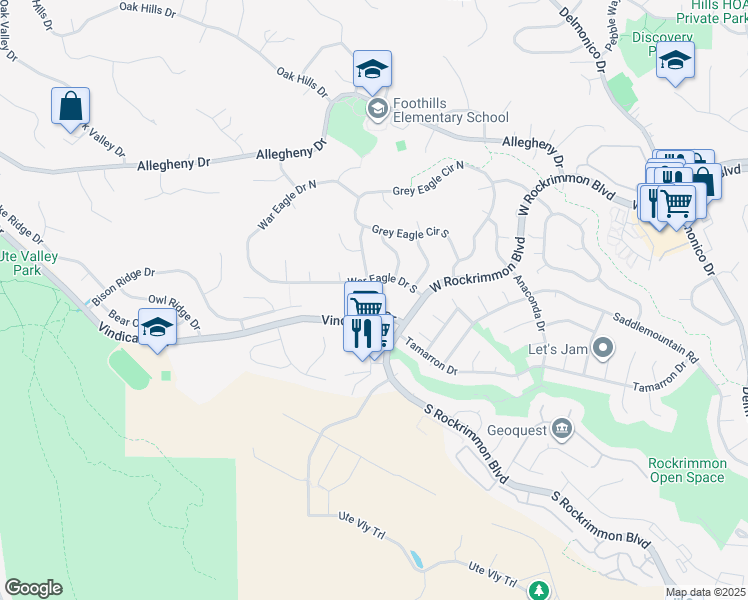 map of restaurants, bars, coffee shops, grocery stores, and more near 870 Vindicator Drive in Colorado Springs