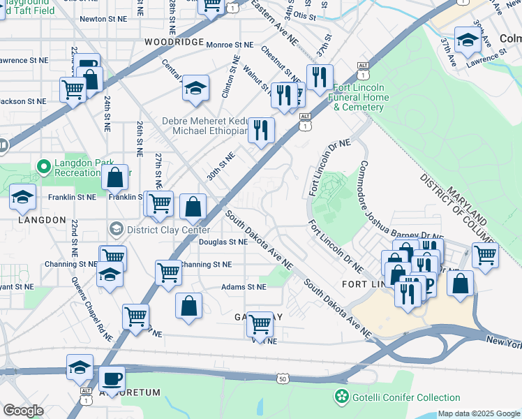 map of restaurants, bars, coffee shops, grocery stores, and more near 3129 Apple Road Northeast in Washington