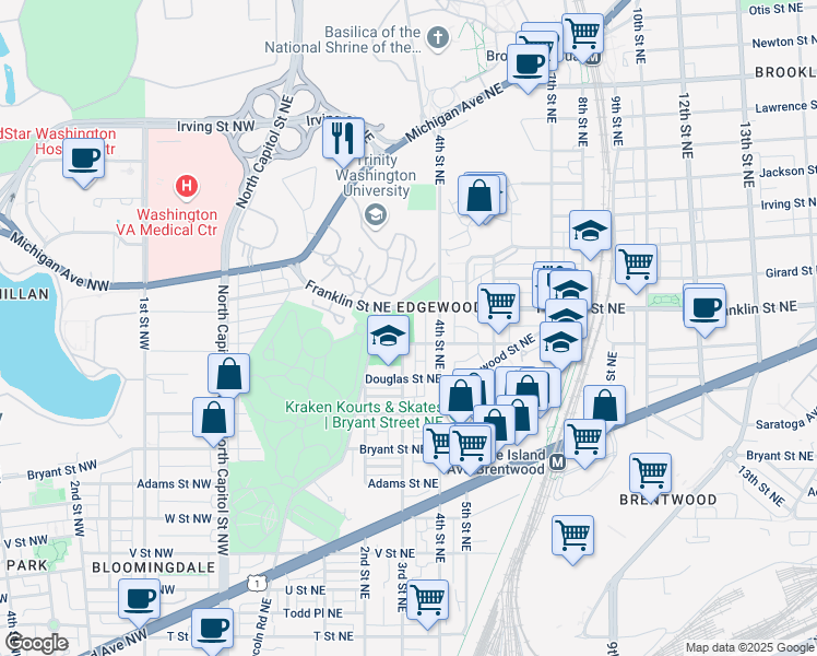 map of restaurants, bars, coffee shops, grocery stores, and more near 101 Independence Avenue Southeast in Washington