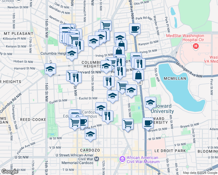 map of restaurants, bars, coffee shops, grocery stores, and more near 101 Independence Avenue Southeast in Washington