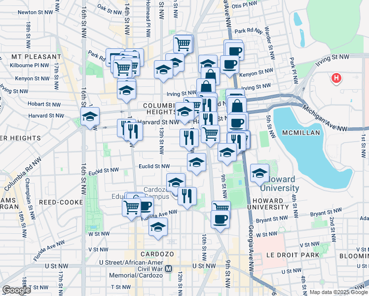map of restaurants, bars, coffee shops, grocery stores, and more near 101 Independence Avenue Southeast in Washington