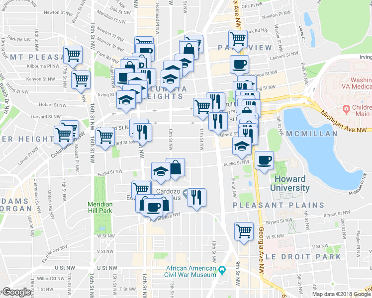 map of restaurants, bars, coffee shops, grocery stores, and more near 101 Independence Avenue Southeast in Washington