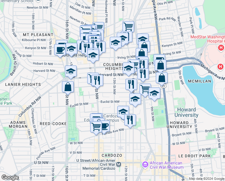 map of restaurants, bars, coffee shops, grocery stores, and more near 101 Independence Avenue Southeast in Washington