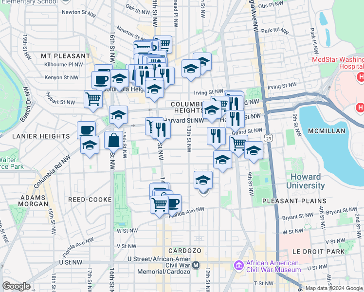 map of restaurants, bars, coffee shops, grocery stores, and more near 1313 Fairmont Street Northwest in Washington
