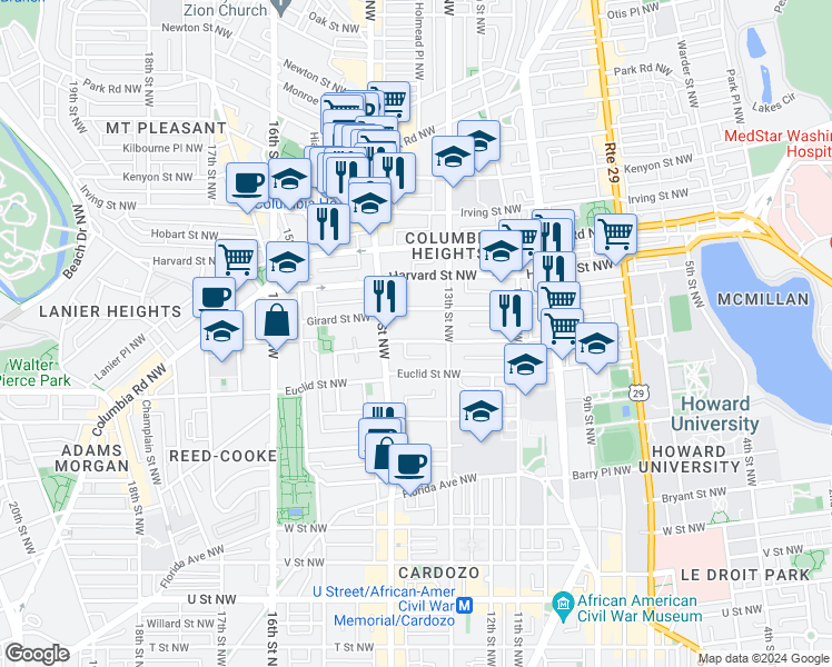 map of restaurants, bars, coffee shops, grocery stores, and more near 101 Independence Avenue Southeast in Washington