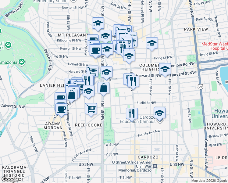 map of restaurants, bars, coffee shops, grocery stores, and more near 2801 15th Street Northwest in Washington