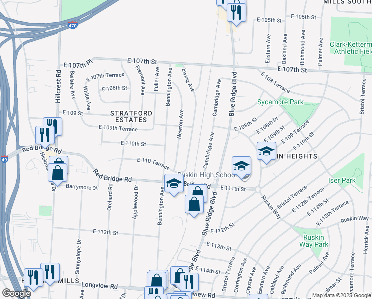 map of restaurants, bars, coffee shops, grocery stores, and more near 10916 Ewing Avenue in Kansas City