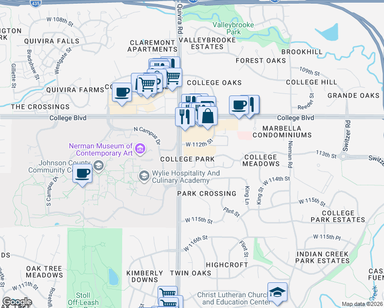 map of restaurants, bars, coffee shops, grocery stores, and more near 11808 West 112th Terrace in Overland Park