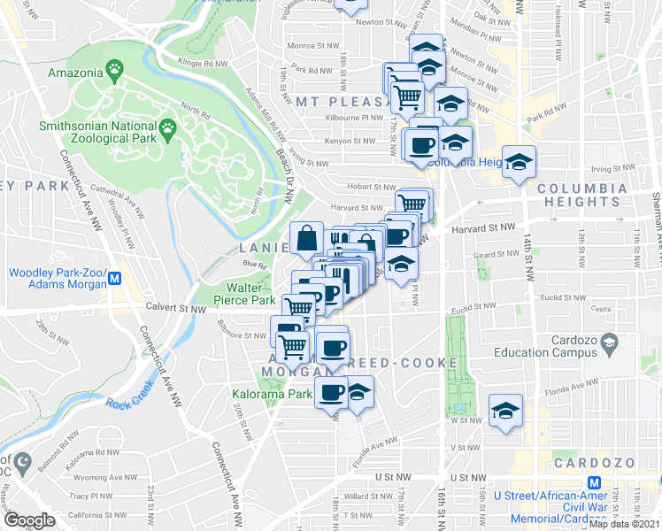 map of restaurants, bars, coffee shops, grocery stores, and more near 1751 Lanier Place Northwest in Washington