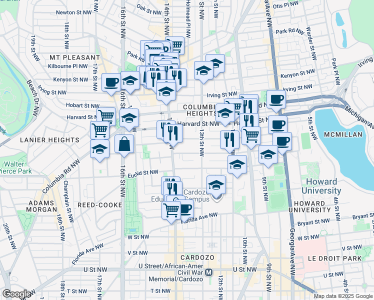 map of restaurants, bars, coffee shops, grocery stores, and more near 1331 Fairmont Street Northwest in Washington