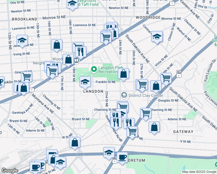 map of restaurants, bars, coffee shops, grocery stores, and more near 2715 22nd Street Northeast in Washington