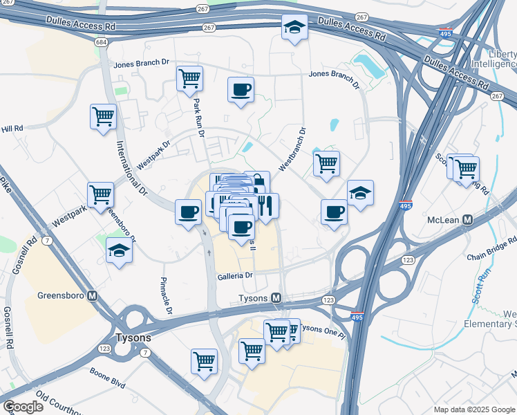 map of restaurants, bars, coffee shops, grocery stores, and more near 1650 Tysons Boulevard in McLean