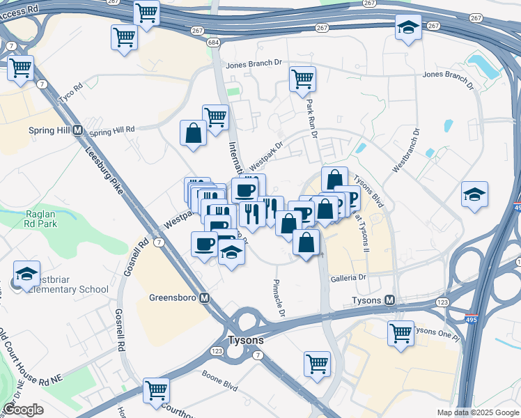 map of restaurants, bars, coffee shops, grocery stores, and more near 1660 International Drive in McLean