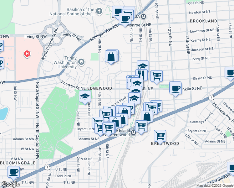 map of restaurants, bars, coffee shops, grocery stores, and more near 2717 6th Street Northeast in Washington