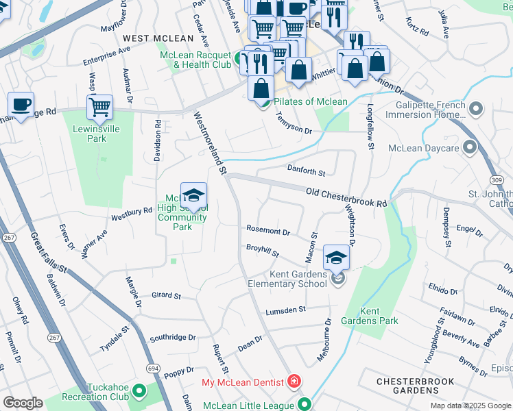 map of restaurants, bars, coffee shops, grocery stores, and more near 1608 Simmons Drive in McLean