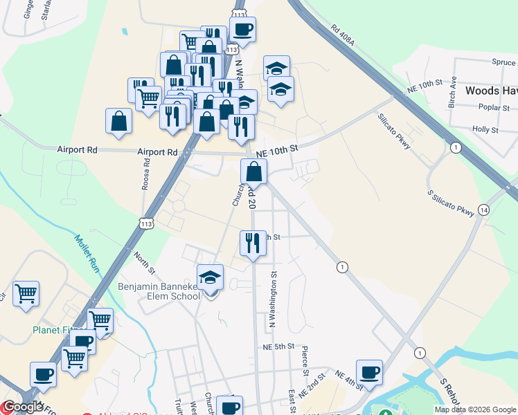 map of restaurants, bars, coffee shops, grocery stores, and more near 901 N Walnut St in Milford