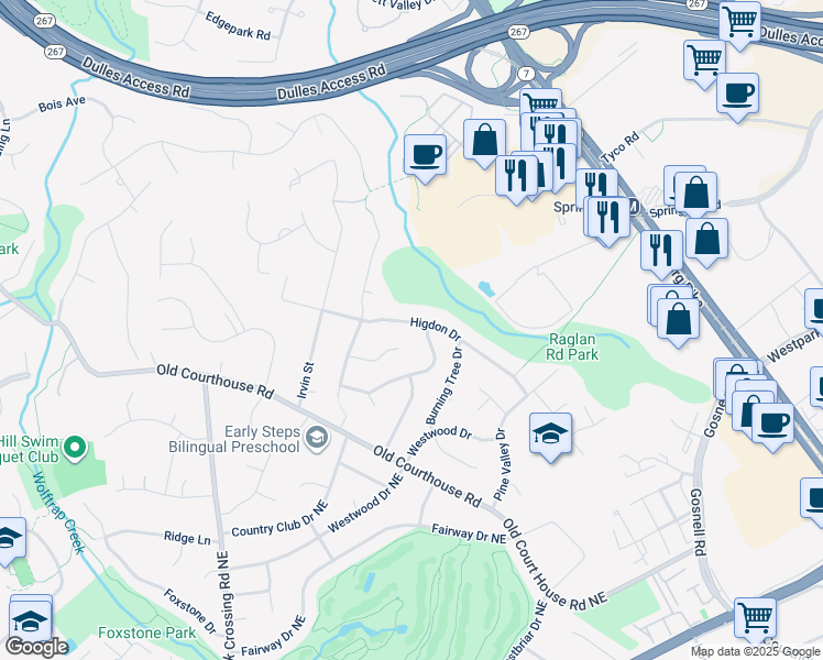 map of restaurants, bars, coffee shops, grocery stores, and more near 8803 Higdon Drive in Vienna