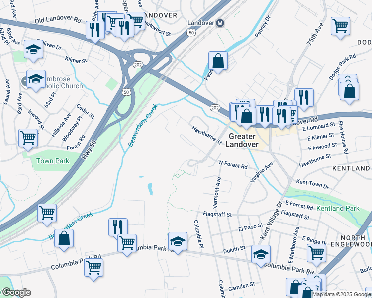 map of restaurants, bars, coffee shops, grocery stores, and more near 6515 West Forest Road in Hyattsville