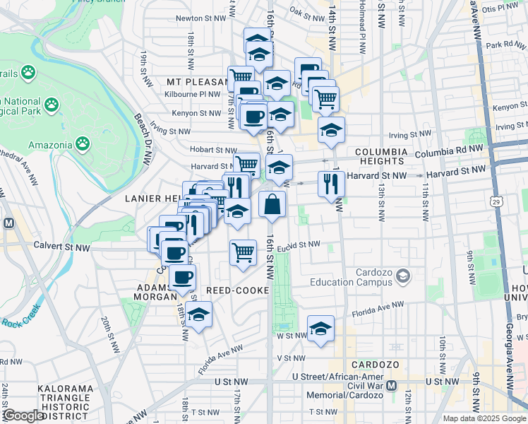 map of restaurants, bars, coffee shops, grocery stores, and more near 2700 16th Street Northwest in Washington