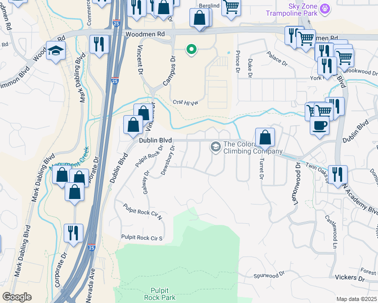 map of restaurants, bars, coffee shops, grocery stores, and more near 6475 Yvonne Way in Colorado Springs