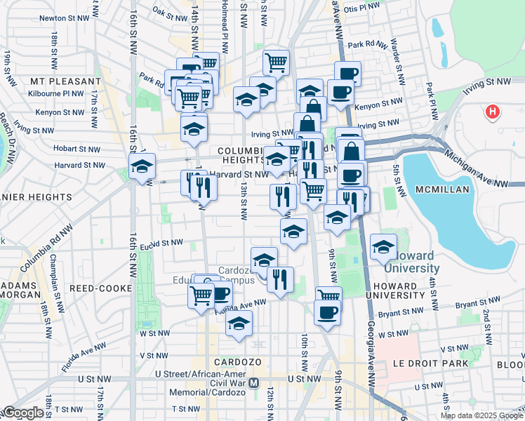 map of restaurants, bars, coffee shops, grocery stores, and more near 1219 Fairmont Street Northwest in Washington