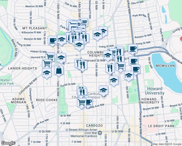 map of restaurants, bars, coffee shops, grocery stores, and more near 1321 Fairmont Street Northwest in Washington
