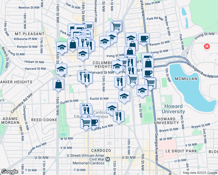 map of restaurants, bars, coffee shops, grocery stores, and more near 1225 Fairmont Street Northwest in Washington