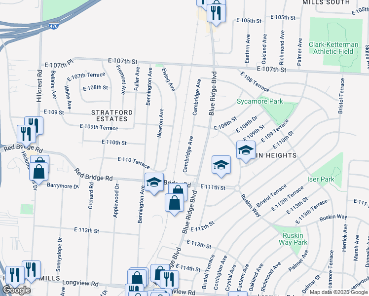 map of restaurants, bars, coffee shops, grocery stores, and more near 10904 Cambridge Avenue in Kansas City