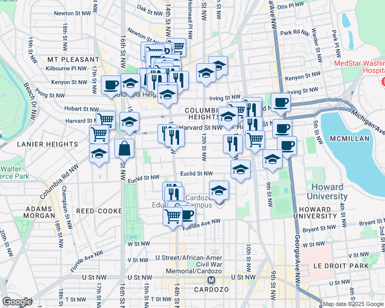 map of restaurants, bars, coffee shops, grocery stores, and more near 1321 Fairmont Street Northwest in Washington