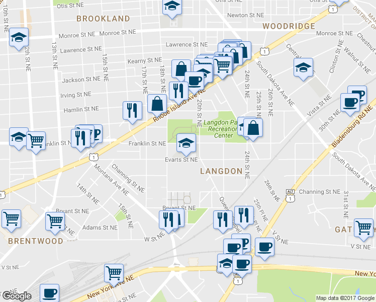 map of restaurants, bars, coffee shops, grocery stores, and more near 1920 Evarts Street Northeast in Washington