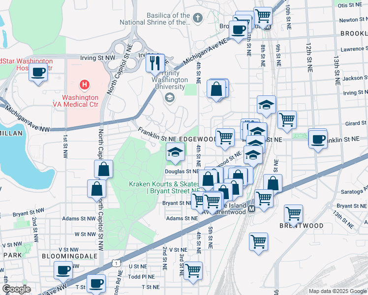 map of restaurants, bars, coffee shops, grocery stores, and more near 301 Franklin Street Northeast in Washington