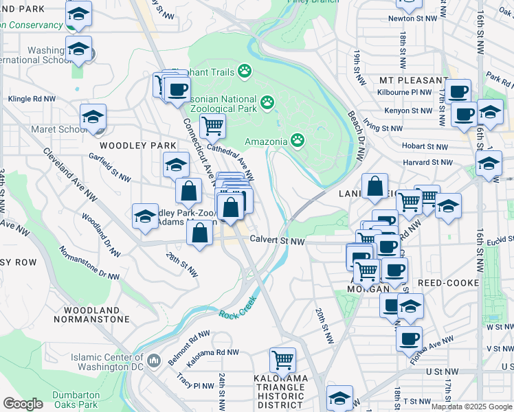 map of restaurants, bars, coffee shops, grocery stores, and more near 2150 Cathedral Avenue Northwest in Washington