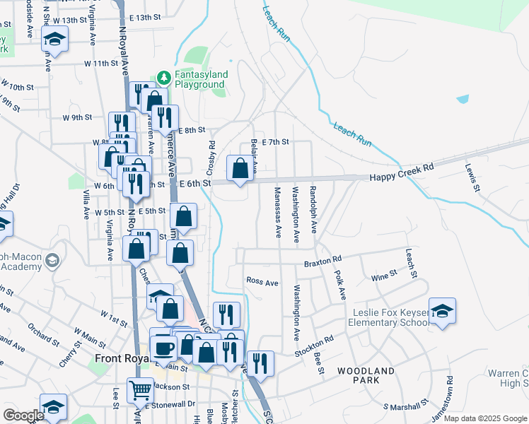 map of restaurants, bars, coffee shops, grocery stores, and more near 503 Belair Avenue in Front Royal
