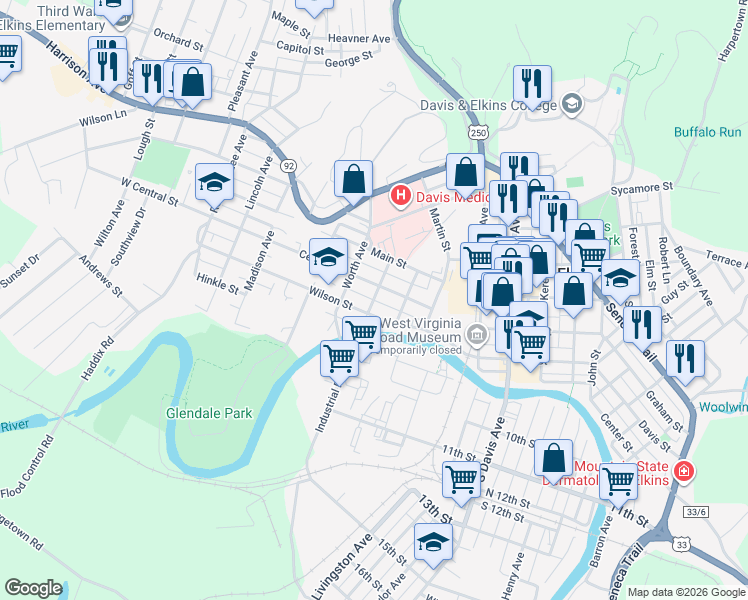 map of restaurants, bars, coffee shops, grocery stores, and more near 125 Barnard Avenue in Elkins