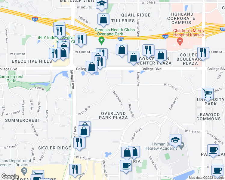 map of restaurants, bars, coffee shops, grocery stores, and more near 11215 Glenwood Street in Overland Park