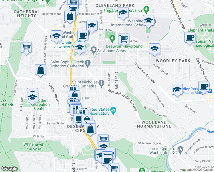 map of restaurants, bars, coffee shops, grocery stores, and more near 3415 Massachusetts Avenue Northwest in Washington