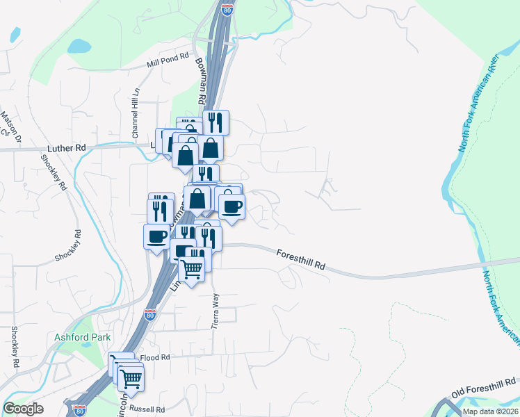 map of restaurants, bars, coffee shops, grocery stores, and more near 200 Silver Bend Way in Auburn