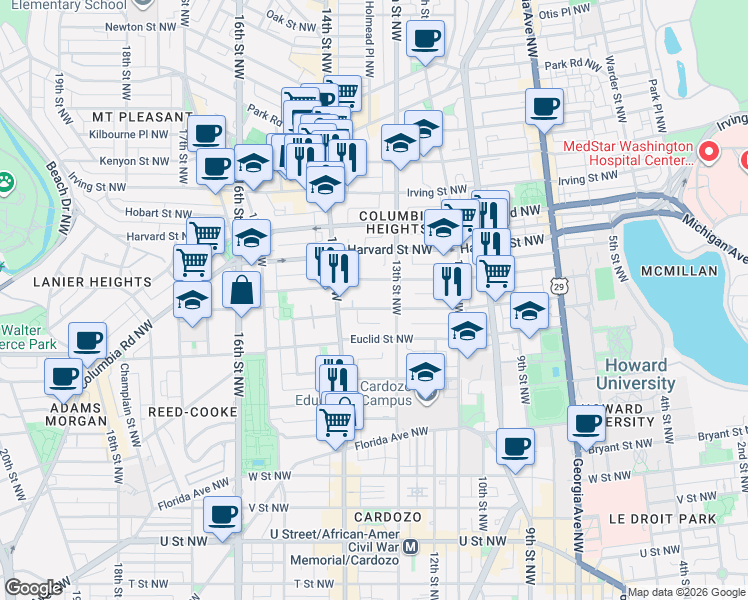 map of restaurants, bars, coffee shops, grocery stores, and more near 101 Independence Avenue Southeast in Washington