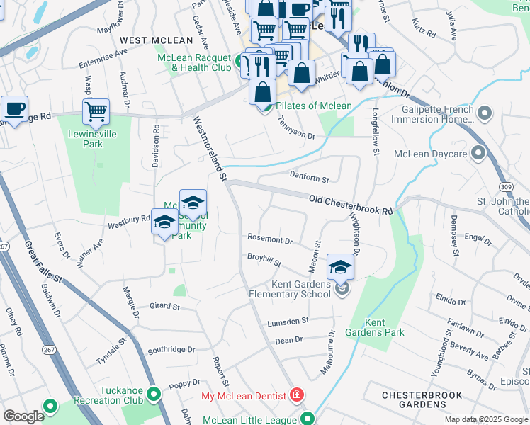 map of restaurants, bars, coffee shops, grocery stores, and more near Simmons Drive in McLean