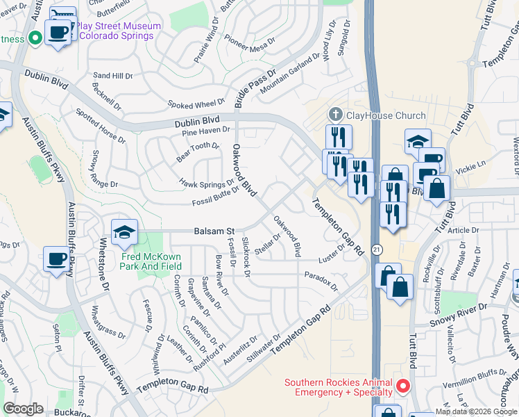 map of restaurants, bars, coffee shops, grocery stores, and more near 6280 Oakwood Boulevard in Colorado Springs