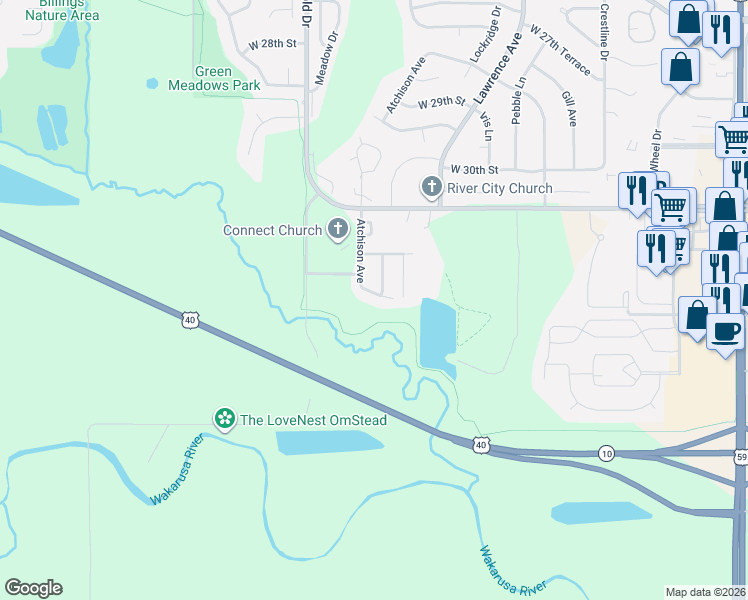 map of restaurants, bars, coffee shops, grocery stores, and more near 3203-3239 Atchison Avenue in Lawrence