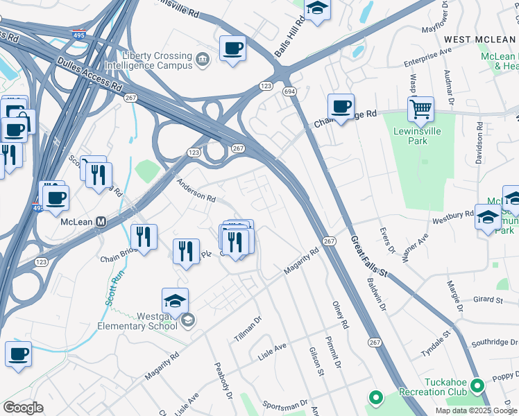 map of restaurants, bars, coffee shops, grocery stores, and more near 7487 Carriage Hills Drive in McLean