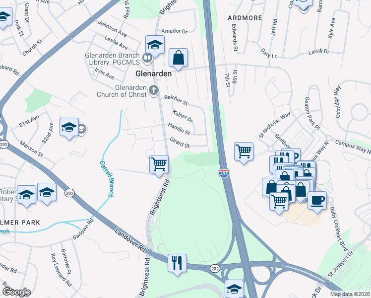 map of restaurants, bars, coffee shops, grocery stores, and more near 8611 Girard Street in Prince George's County